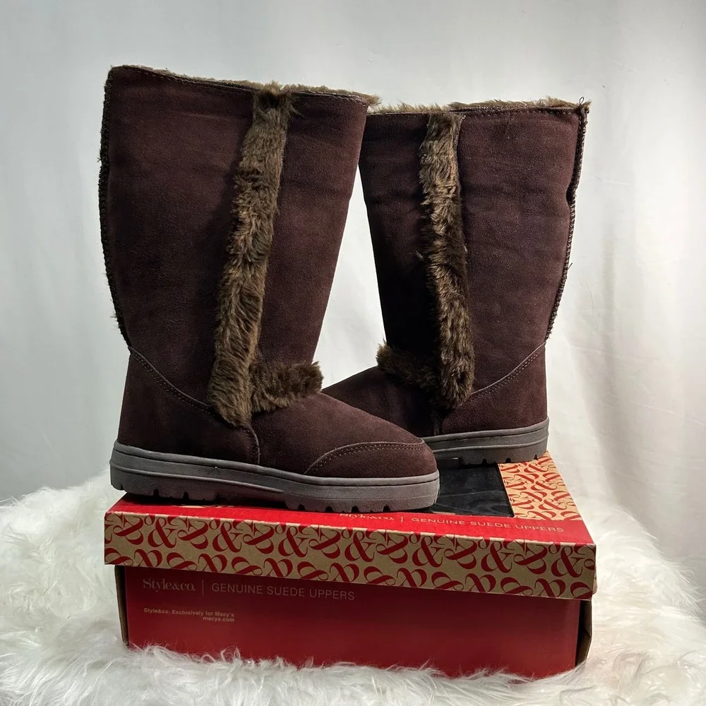 Style & Co Womens‎ Brown Suede Faux Fur Lined Tall Boots Size 8M